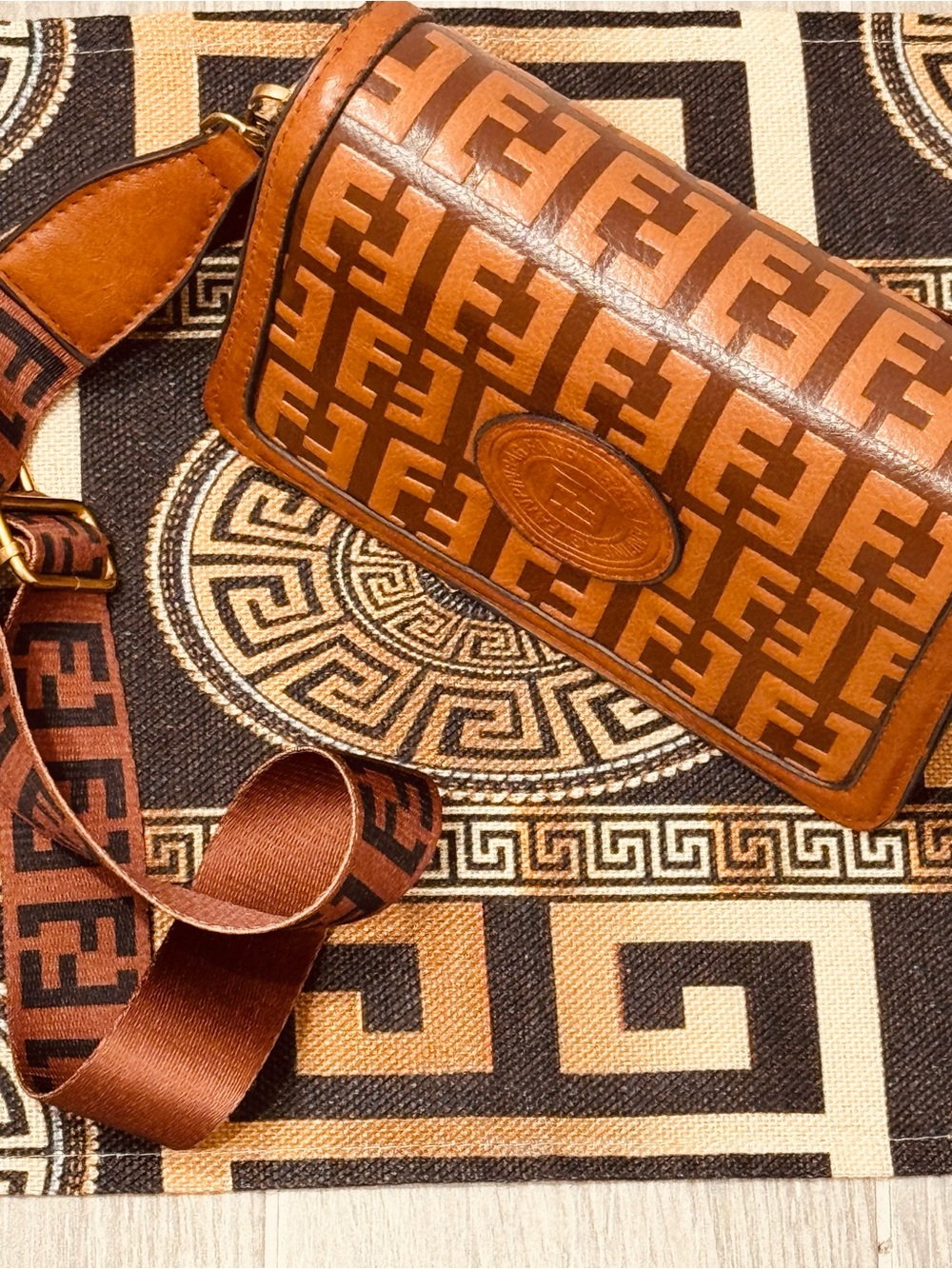 Tan Monogram Crossbody Bag with Wide Strap